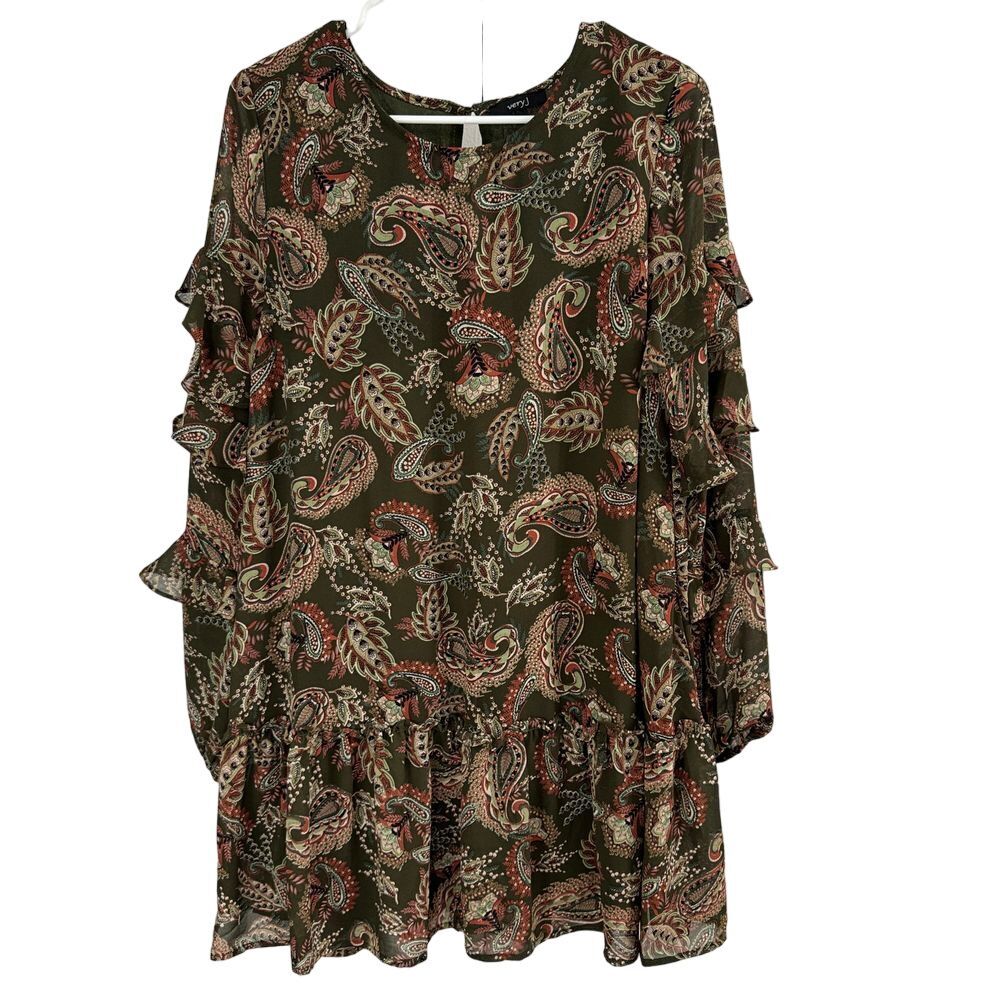 Very J Dress Womens L Green Paisley Ruffle Mini Tunic Top Boho Chic Retro Hippie
